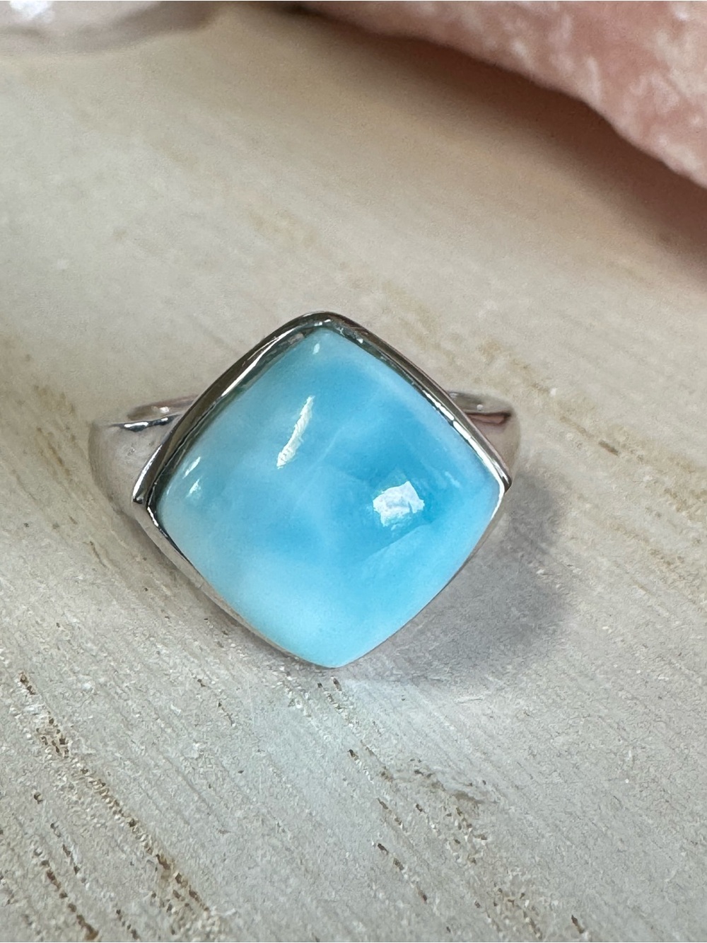 Premium Quality Larimar Square Sterling Silver Statement Ring - Size 7.5 - 8